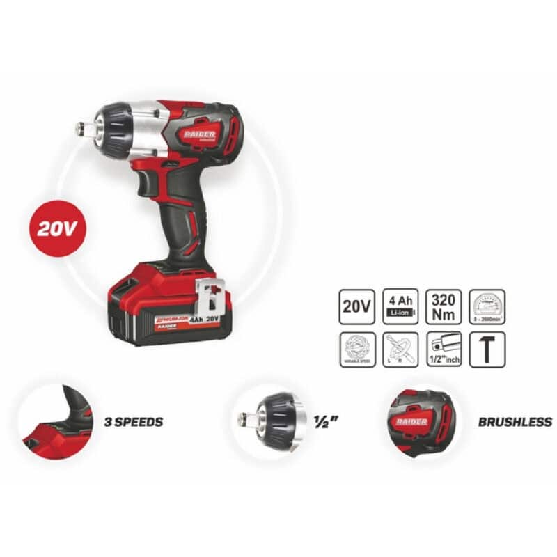 RAIDER ΜΠΟΥΛΟΝΟΚΛΕΙΔΟ ΜΠΑΤΑΡΙΑΣ 20V 4Ah 320Nm BMC RDI-IBW01 031301 - Image 3